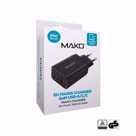 Picture of Mako Mako 65W GaN2 EU Mains Charger for USB-C/USB-C/USB-A in Black